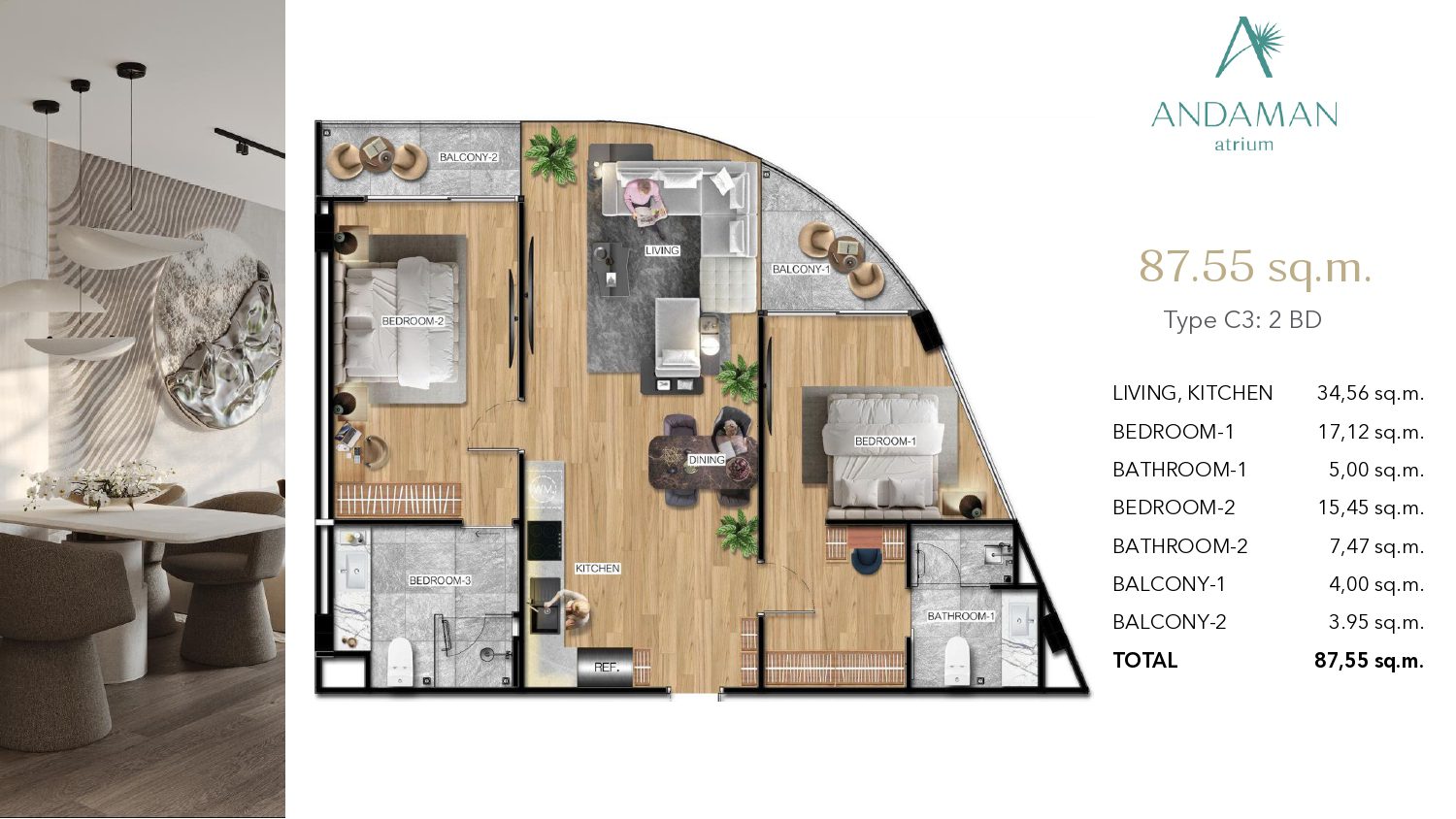 Квартира с тремя спальнями Тип D в Atrium Andaman City Третья фаза